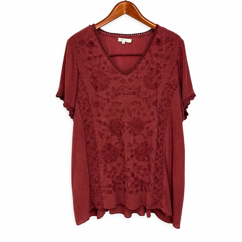 Kyla Seo Womens XL Burgundy Floral Embroidered V-Neck Crochet Trim Blouse Top